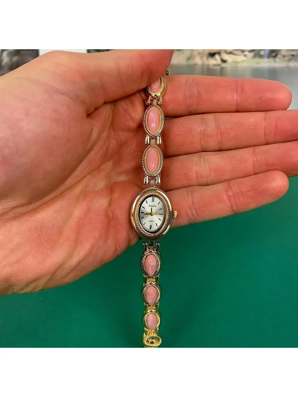 Y2k style Dainty cute Gold style tone quartz watch with pink jade stone opal acc